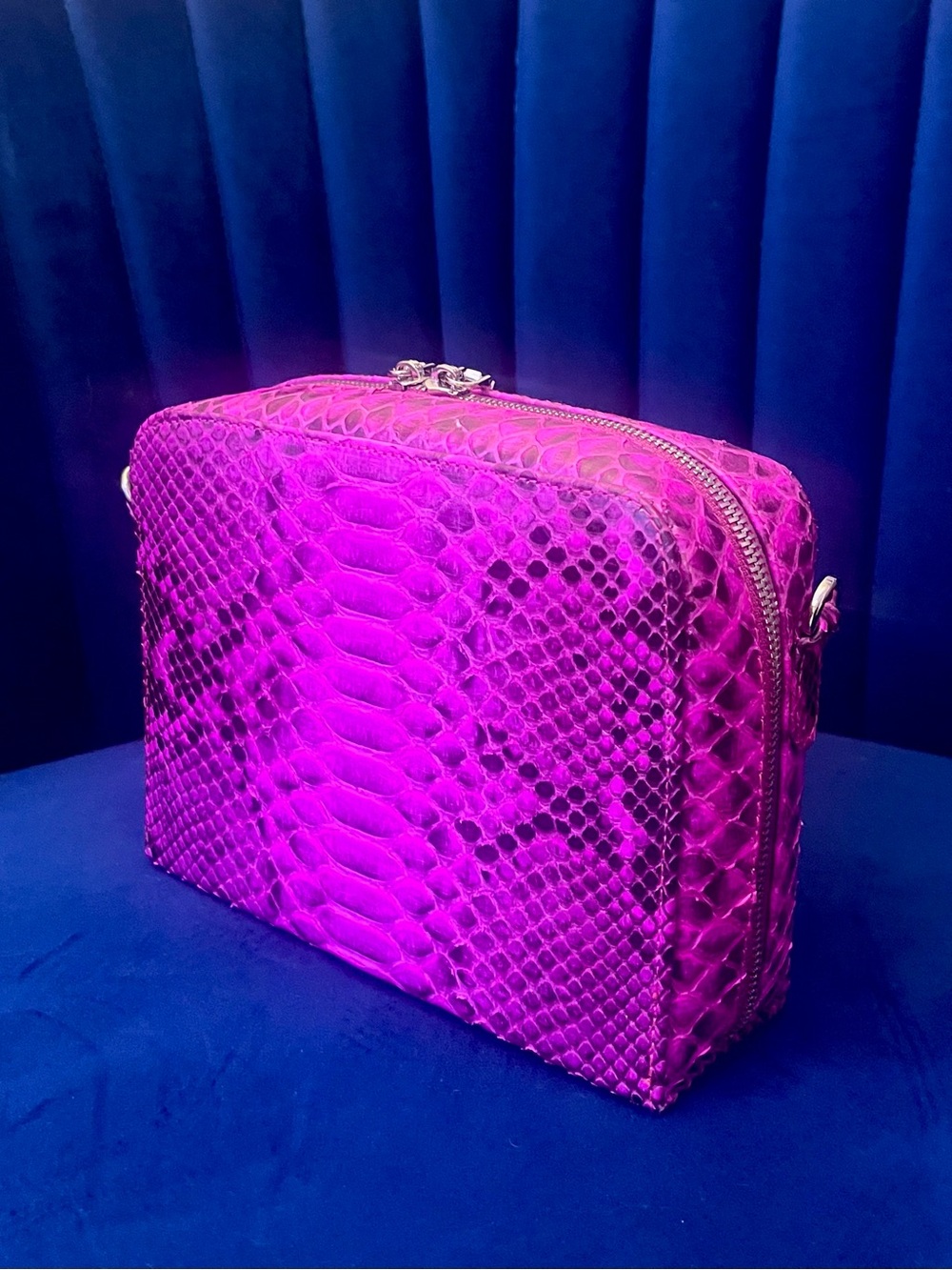 Fuchsia Genuine Python Crossbody – Real Snakeskin Shoulder Bag w Silver Hardware - Picture 9 of 16